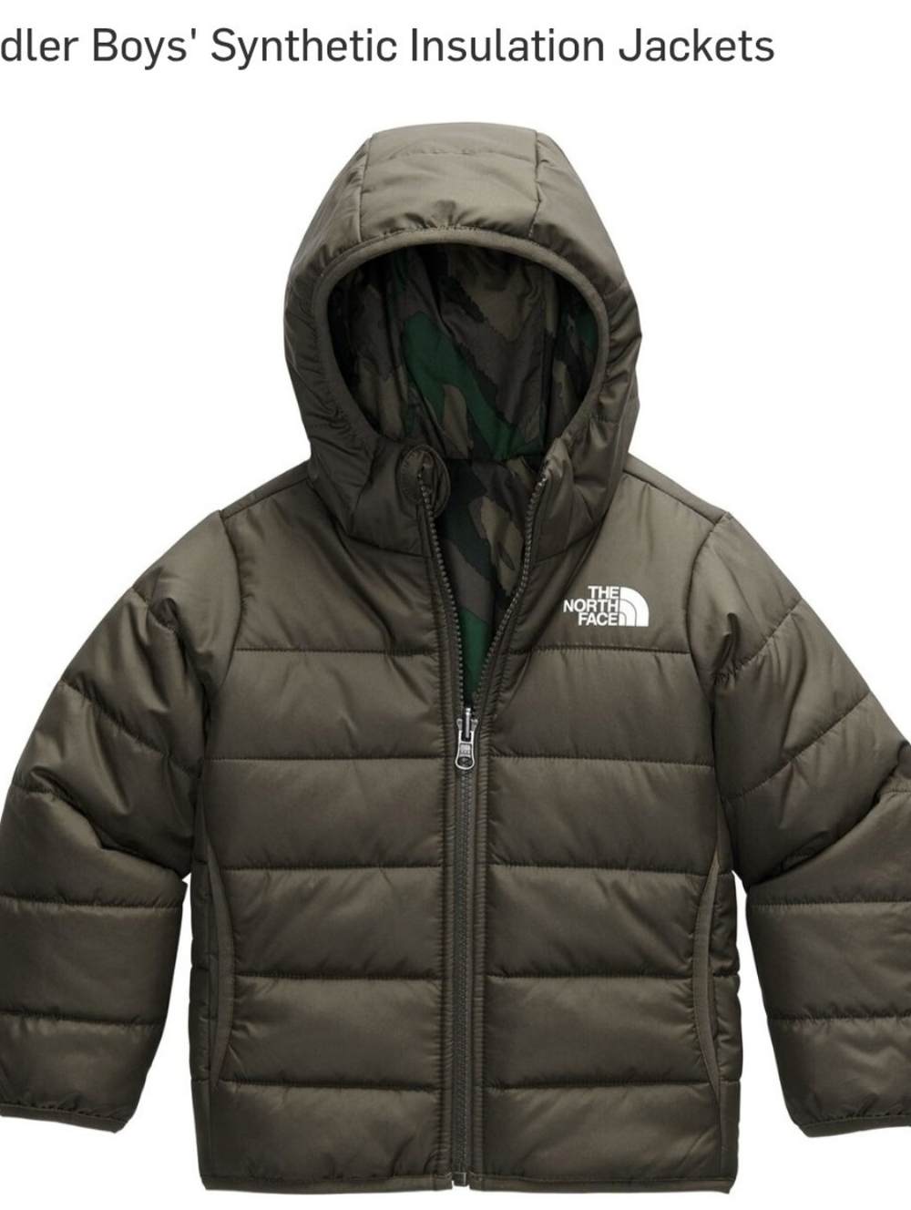 The North Face Olive Green/camo Reversable Hooded Puffer Jacket - 6T